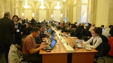 Journalists in press center working Stock Footage 32927103