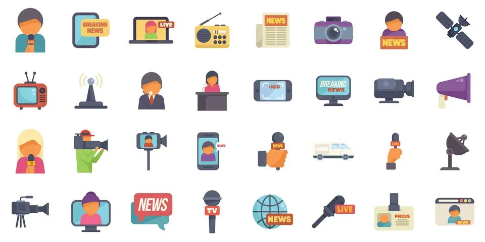 Journalists reporting breaking news using professional equipment and gadgets 库存插图
