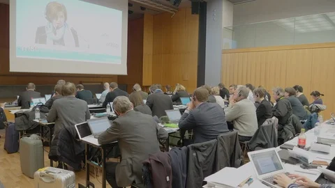 Journalists reporting from the press center at MSC 2018- Munich Germany Stock Footage 87299397