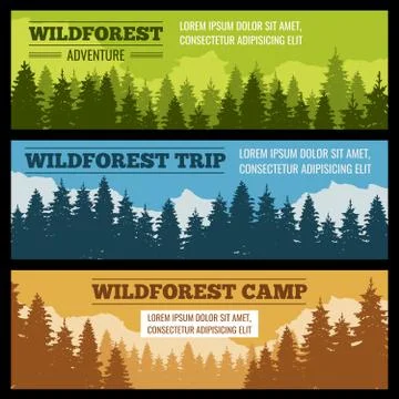 Journey, camping vector banners set with pine tree silhouettes Ilustração Stock
