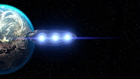 Journey to Earth, sci-fi Spaceship approaching to planet, engines pulsate, 3d Stock Footage 85059955