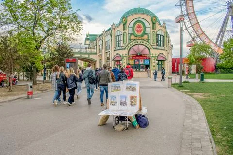 Journey into fun exploring wiener prater's gateway and iconic ferris wheel Stock Photos