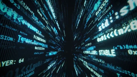Journey inside a digital world with flying programming source code on a seamless Stock Footage 347809053