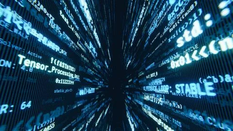 Journey inside a digital world with flying programming source code 스톡 일러스트