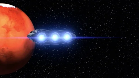 Journey to Mars, sci-fi Spaceship approaching to planet, engines pulsate, 3d Stock Footage 85060159