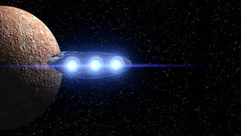 Journey to Mercury, sci-fi Spaceship approaching to planet, engines pulsate, 3d Stockbeeldmateriaal 85060225