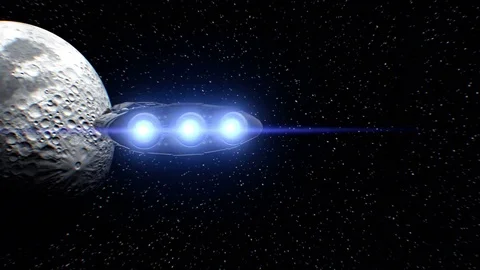 Journey to Moon, sci-fi Spaceship approaching to Earth's natural satellite Stock Footage 85060255