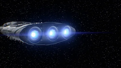 Journey to space, sci-fi Spaceship approaching to stars, engines pulsate, 3d Stock Footage 85059854