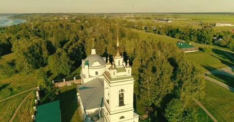 Journey through the Golden Ring. Drone flying under Orthodox cathedral, green Video stock 82322095