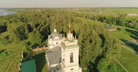 Journey through the Golden Ring. Drone flying under Orthodox cathedral, green Video stock 82323040