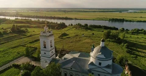 Journey through the Golden Ring. Drone flying under Orthodox cathedral, green Video stock 82360080