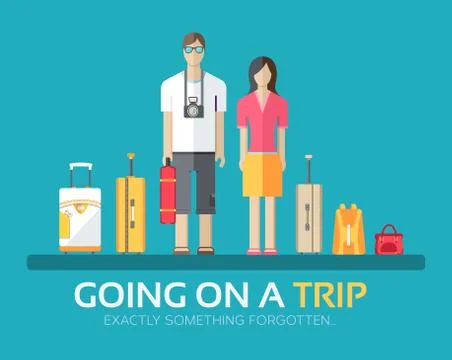 Journey vacation baggage in flat design background concept. Married couple with Stock Illustration