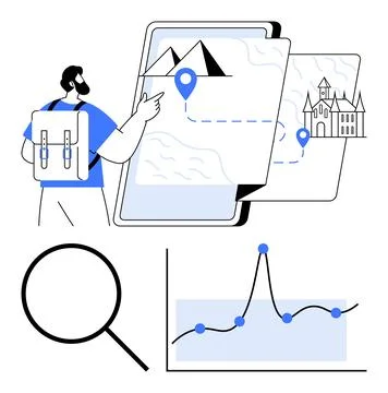 Journeys Through Maps and Data Exploring New Destinations with Technology a.. Stock Illustration