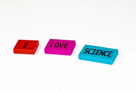 The joy of the first day of school expressed in blocks, I love science. Stock Photos