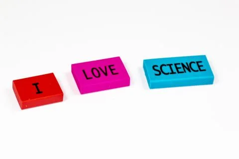 The joy of the first day of school expressed in blocks, I love science. Stock Photos