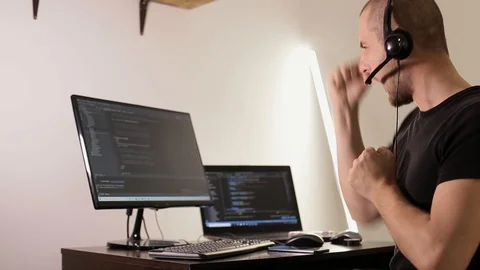 Joy at work. Working at the computer with a sense of fun. Information technology Stock-Footage 129434472