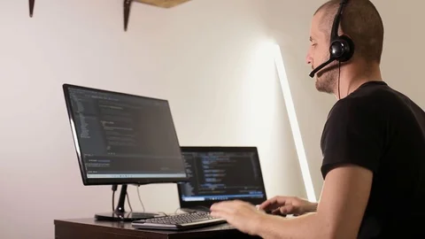 Joy at work. Working at the computer with a sense of fun. Information technology Stock-Footage 129434573