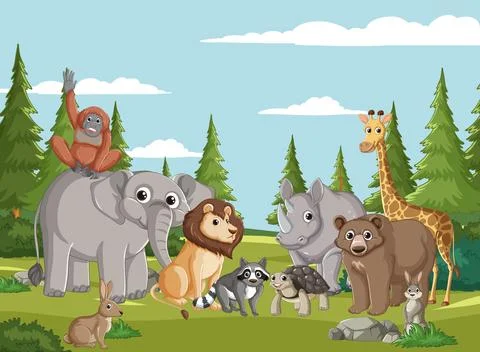 Joyful Animals in a Forest Clearing Stock Illustration