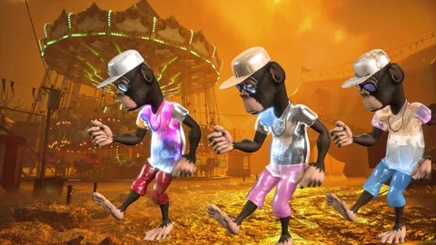 Joyful Ape Dance in Apocalyptic Theme Park Stock Footage 323154176