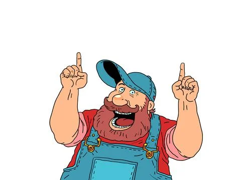 A joyful bearded worker points with his finger. Advertising and announcement Stock Illustration