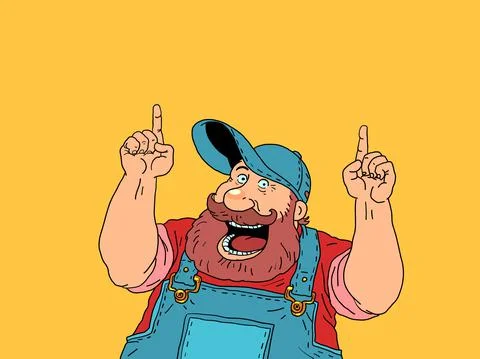 A joyful bearded worker points with his finger. Advertising and announcement Stock Illustration