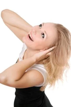 Joyful blonde looking up Stock Photos
