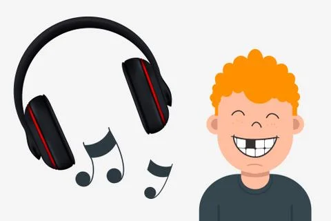 Joyful Boy with Missing Tooth Listening to Music. Headphone and Musical Notes Stock Illustration