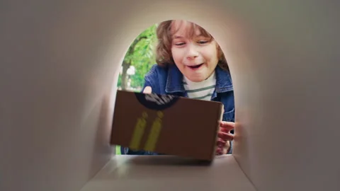 Joyful Boy Receiving Parcel from Mailbox and Jumping with Excitement Video stock 316086629