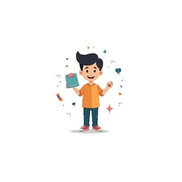 Joyful cartoon boy celebrating with a notepad amidst confetti and decorativ.. Stock Illustration