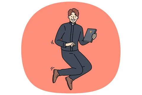 Joyful catholic priest jumps up with bible in hands, inviting you to temple for Stock Illustration