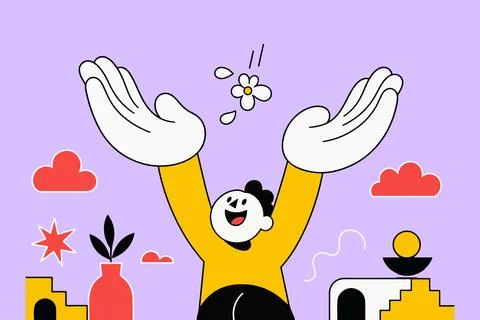 Joyful Character with Open Arms and Flower Stock Illustration