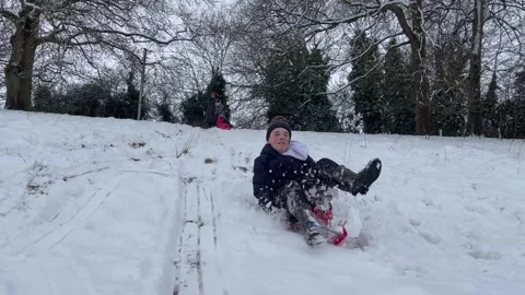 Joyful Child Sledding Down a Snow-Covered Hill in Winter Stock Footage 255865178