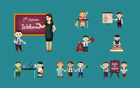 Joyful children back school set. Cheerful teacher greets students little boys Stock Illustration