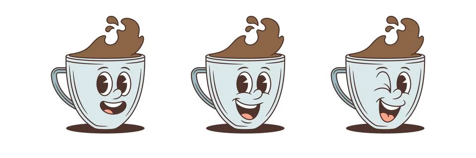 Joyful Coffee Cup Winking Face Retro Cartoon Character Vector Illustration Se Ilustración de archivo