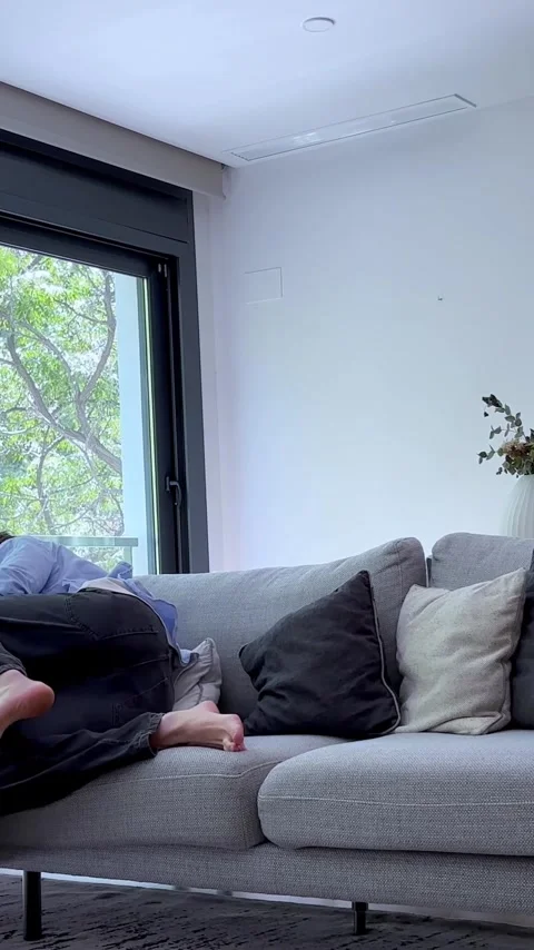 Joyful couple playfully falling onto the sofa Stock Footage 344854913