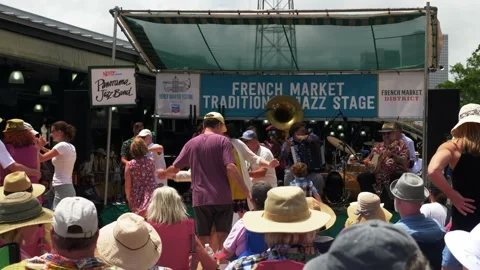 Joyful Crowd Dancing Jazz Band French Quarter Fest New Orleans Stock Footage 195607497