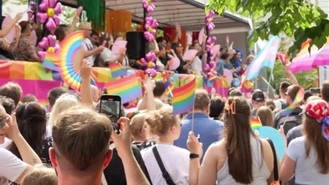 Joyful crowd during the Baltic Pride 2025 celebration Stock Footage 311019047