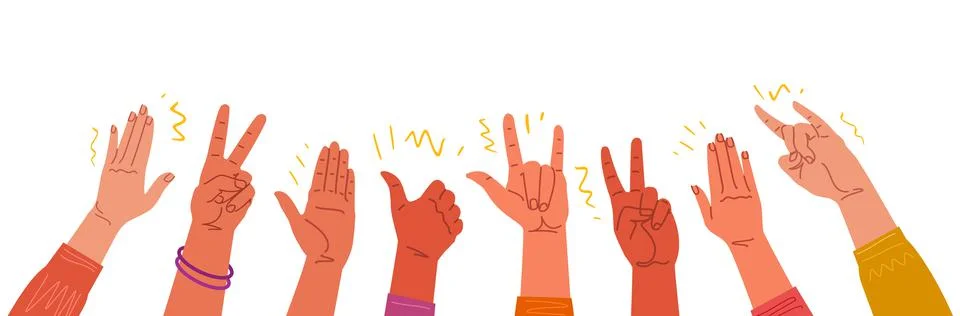 Joyful crowd raised hands, gesturing their delight. Happy group of people vector Stock Illustration