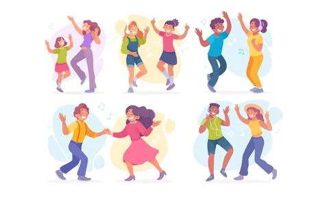 Joyful Dancing Couples and Various Groups Celebrating Together in a Vibrant Stock Illustration