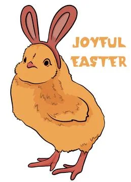  Joyful easter greeting card with cute little chick and rabbit ears on white bg Stock Illustration