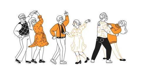 Joyful Elderly Couples Dancing Together Stock Illustration