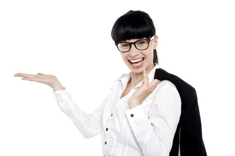 Joyful executive presenting copy space area Stock Photos