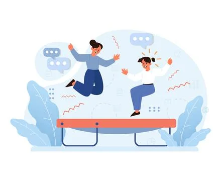 Joyful friends on a trampoline. Flat vector illustration Stock Illustration