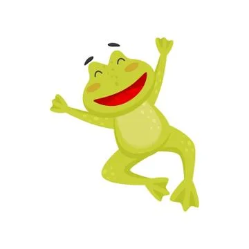 Joyful frog in jumping action with paws up. Happy toad. Flat vector element for Stock Illustration