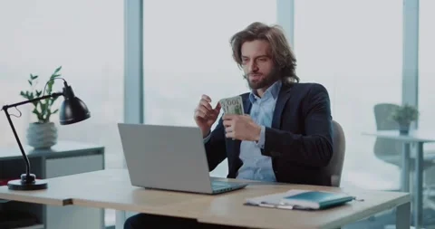 Joyful Funny Caucasian Man Throwing Bunch of Dollars Celebrating Financial Video stock 149262265