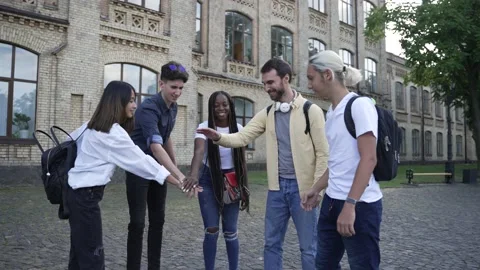 Joyful group of multiracial students joining hands Stock-Footage 163280230