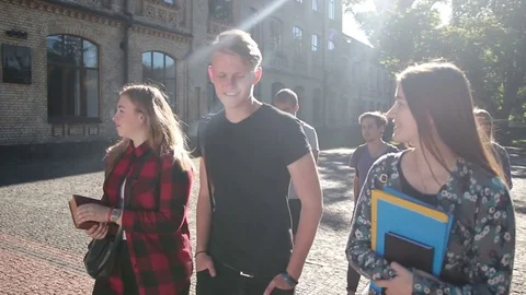 Joyful group of students going to college outdoors Stock Footage
