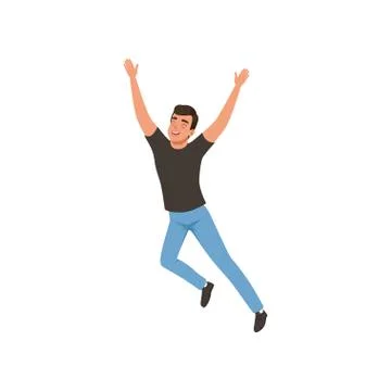 Joyful guy in jumping action with hands up. Young man with happy face expression Stock Illustration