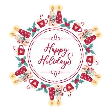 Joyful holidays in a circular frame with candles, mugs of hot chocolate in red Stock Illustration