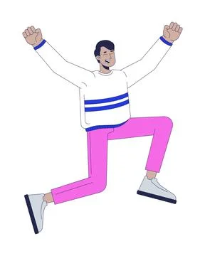 Joyful indian man jumping with raised arms 2D cartoon character Stock Illustration